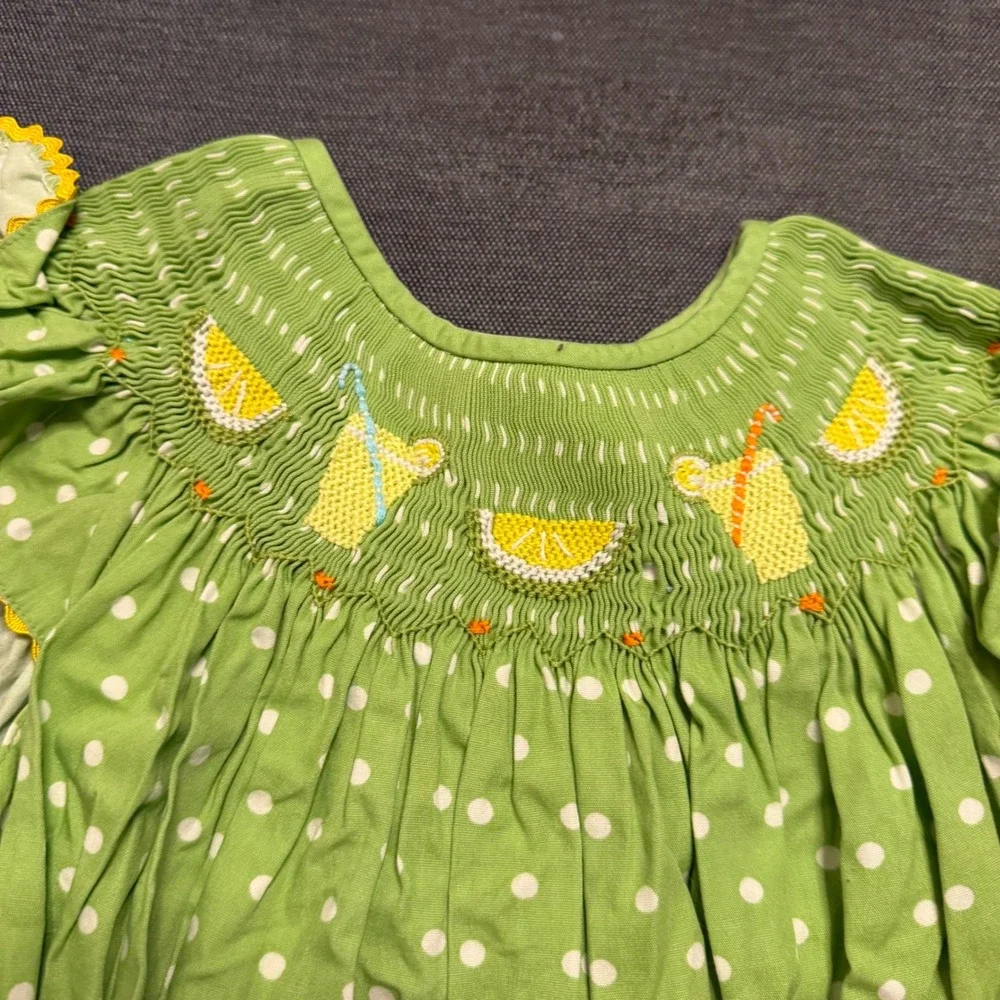 Handmade Girls Smocked Lemonade Dress‎ Green Polka Dot Ric Rac Trim Summer
